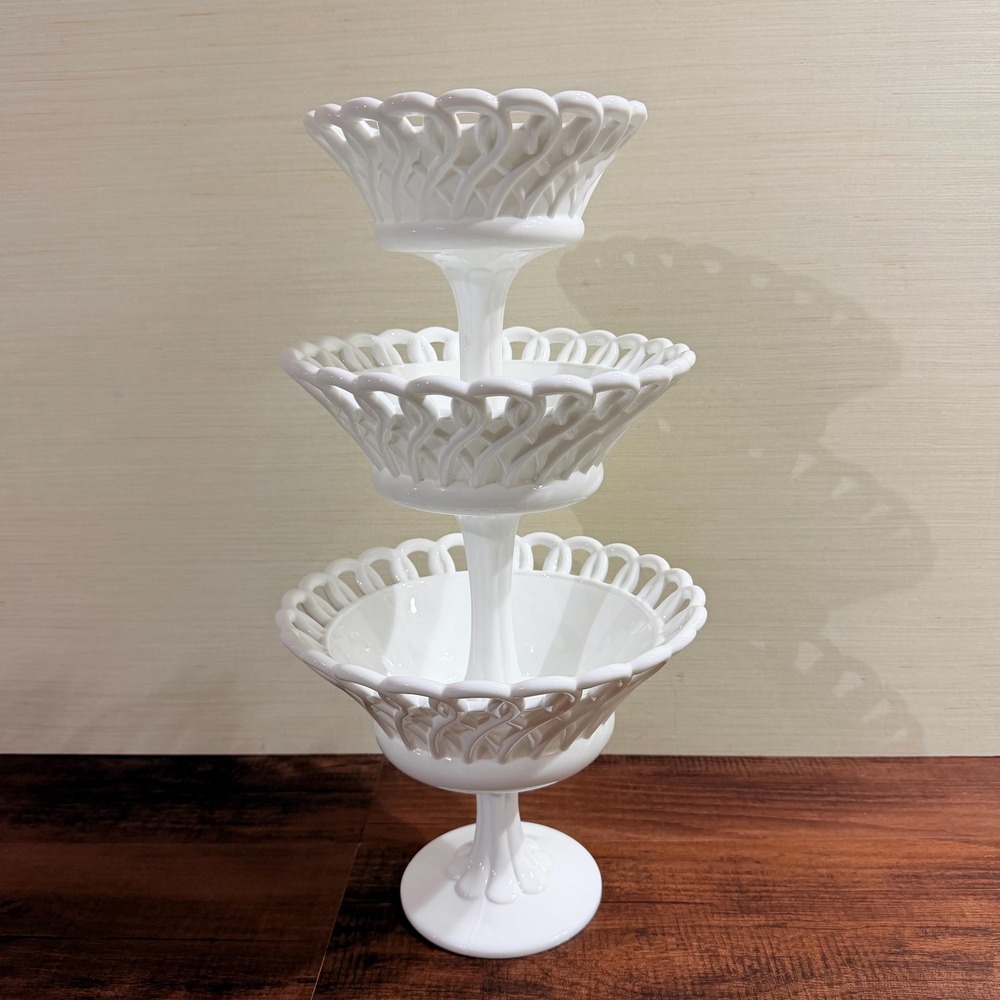 VTG Milk Glass 3 Tier Indiana Glass Pretzel #622 Stackable Compote Open Lace